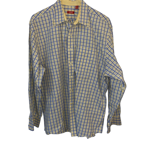 IZOD Other - Men's IZOD Casual Button Down Shirt XL Yellow Blue Plaid 100% Cotton